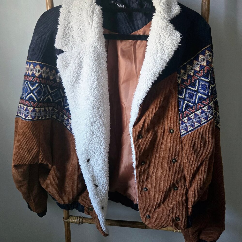Zaful Brown Corduroy Sherpa-Lined Bomber Jacket with Navy & White Accents